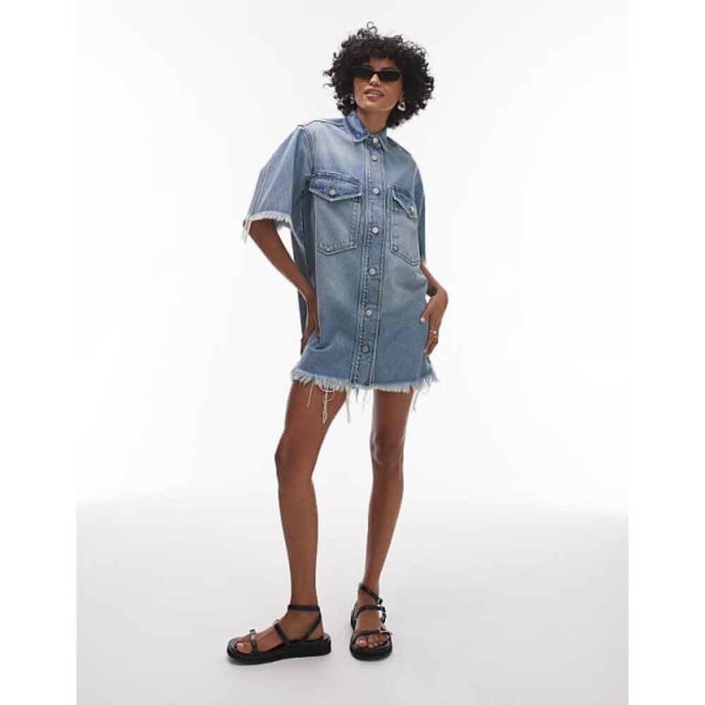 AllSaints Faye Frayed Short Sleeve Mini Denim Dress Jean Raw Edge Button Up - Picture 6 of 14